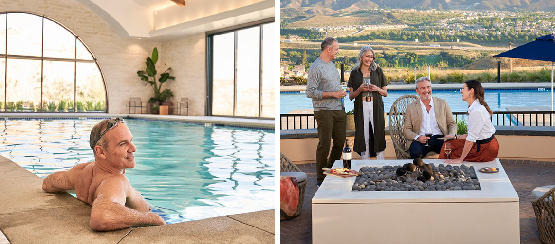 A man lounges in a pool | Two couples relax by a fire pit at a resort